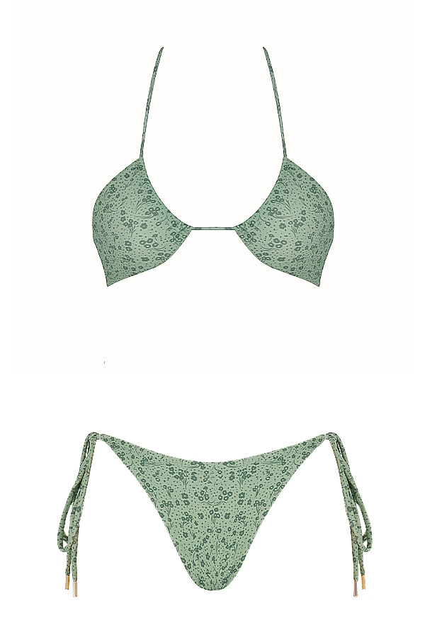 bikini a triangolo invertito con stampa floreale verde