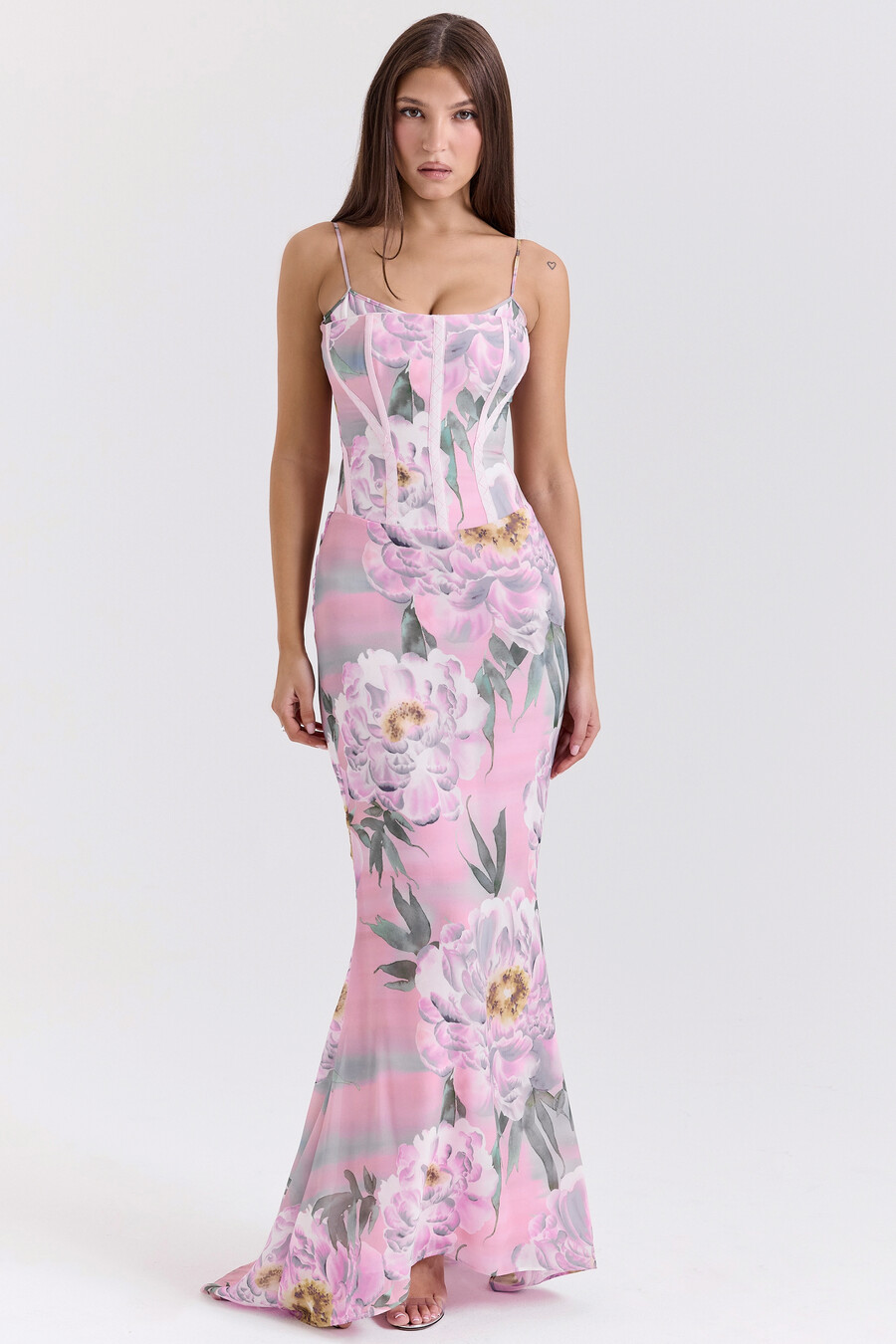 abito lungo con corsetto floreale rosa