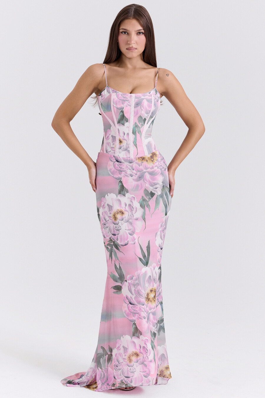 abito lungo con corsetto floreale rosa