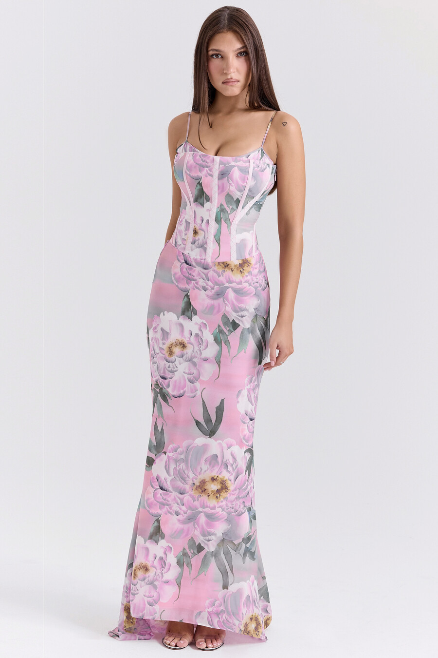 abito lungo con corsetto floreale rosa