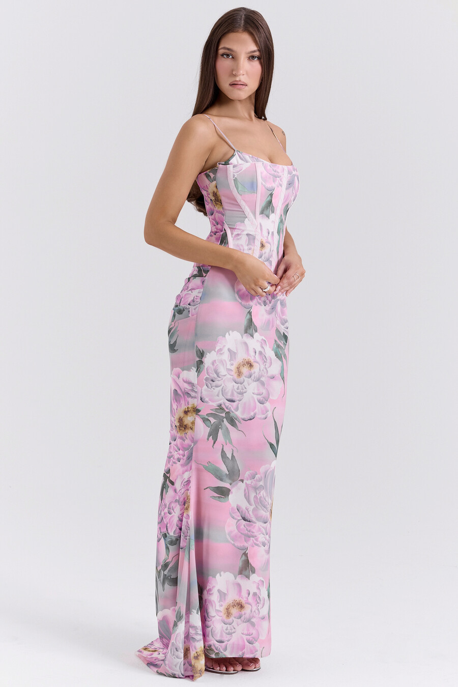 abito lungo con corsetto floreale rosa