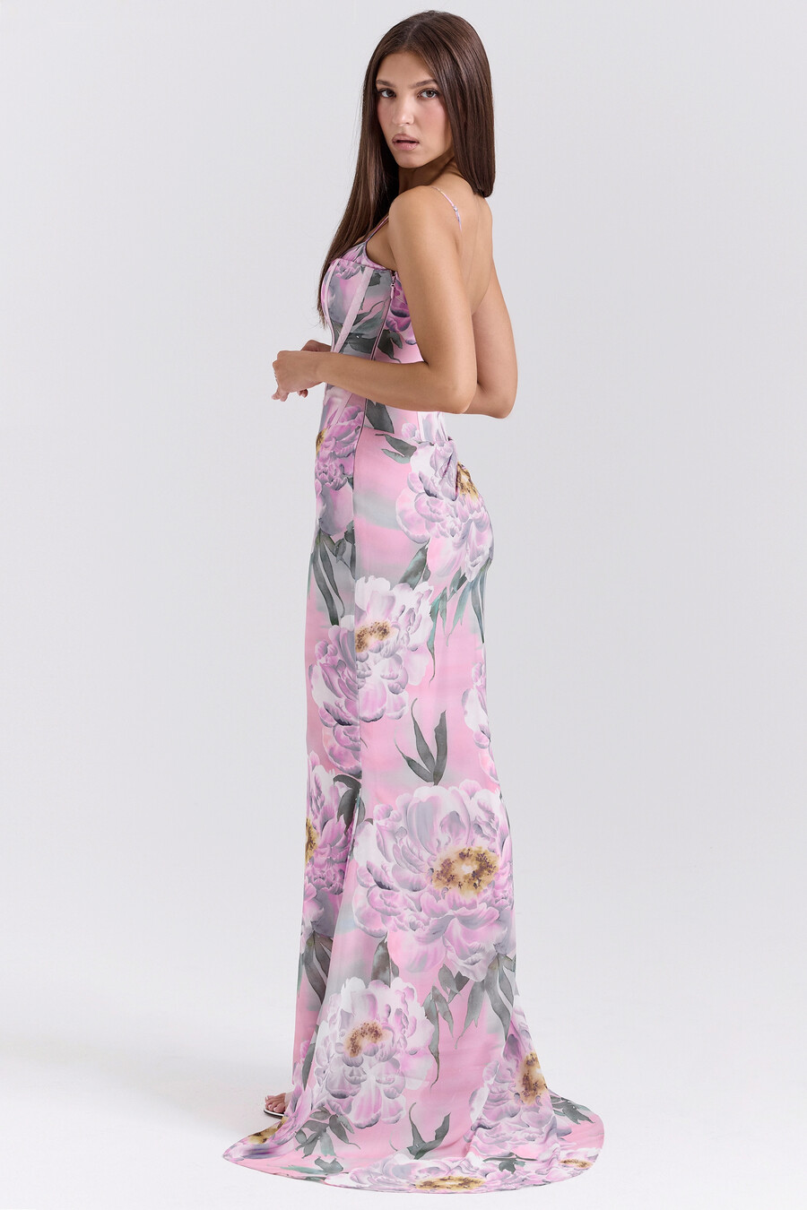 abito lungo con corsetto floreale rosa