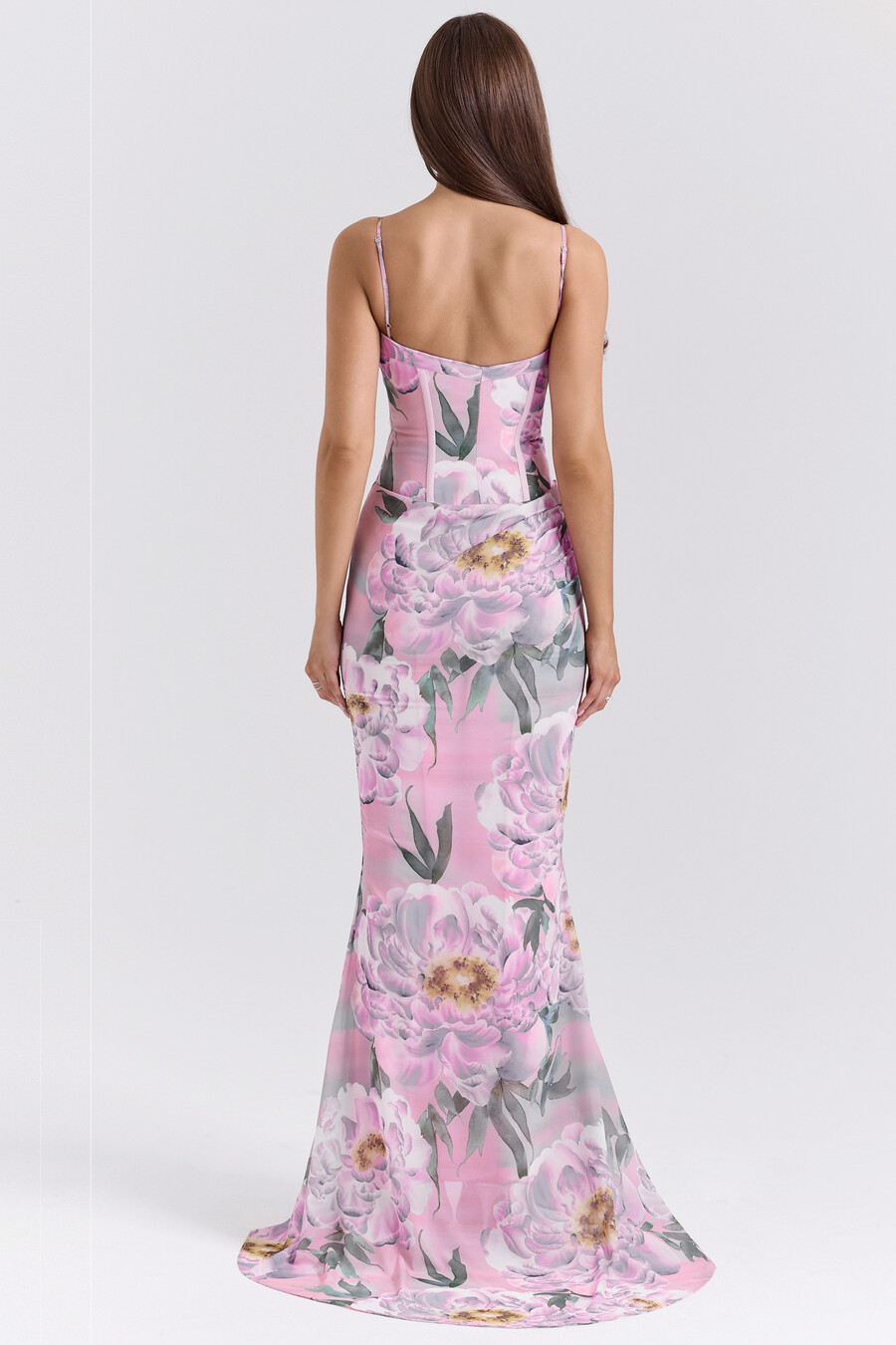 abito lungo con corsetto floreale rosa
