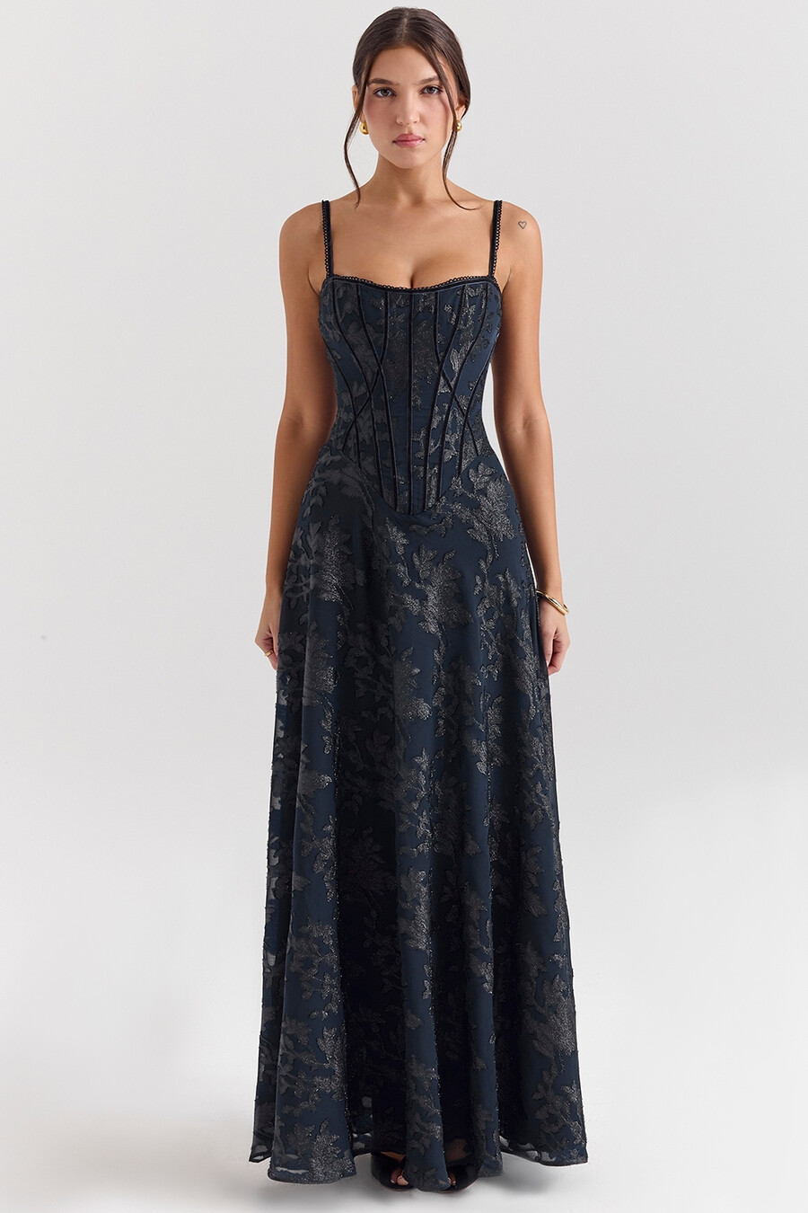 abito lungo in chiffon lurex blu notte