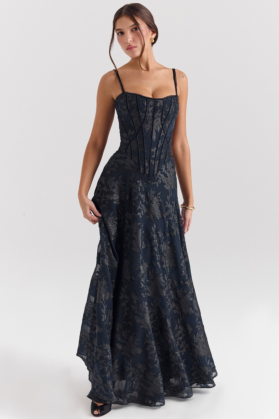 abito lungo in chiffon lurex blu notte