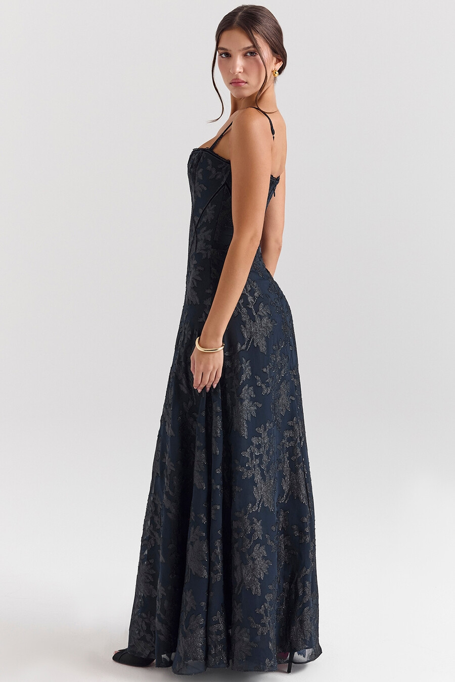 abito lungo in chiffon lurex blu notte