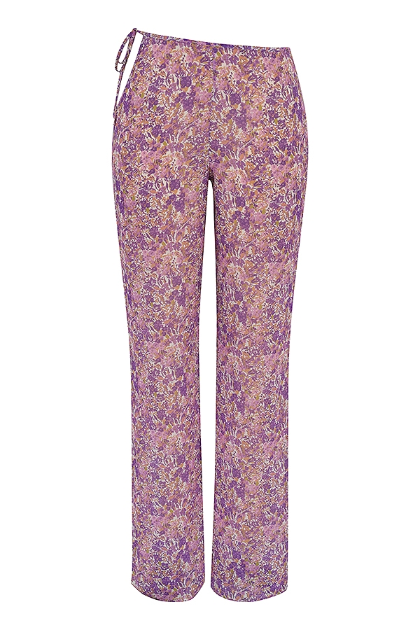 pantaloni con ritagli floreali viola