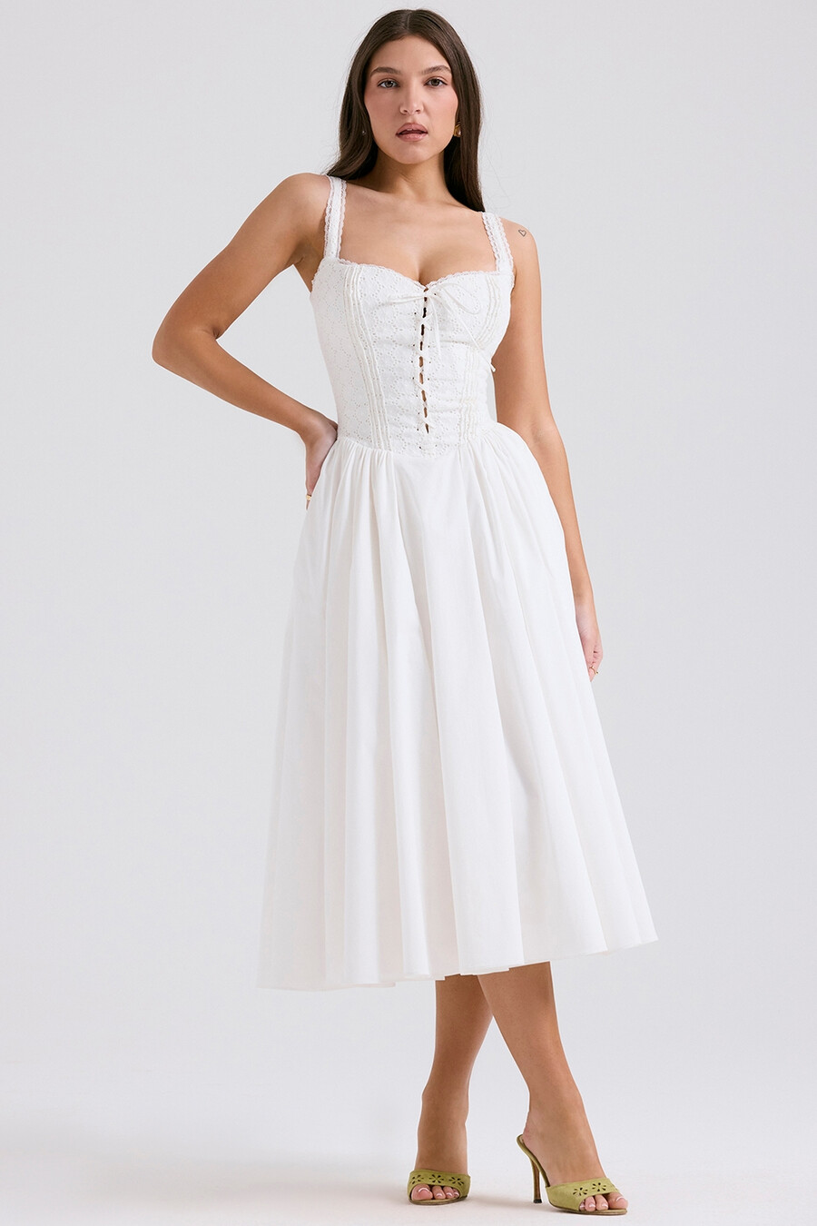 abito midi in pizzo inglese bianco e cotone