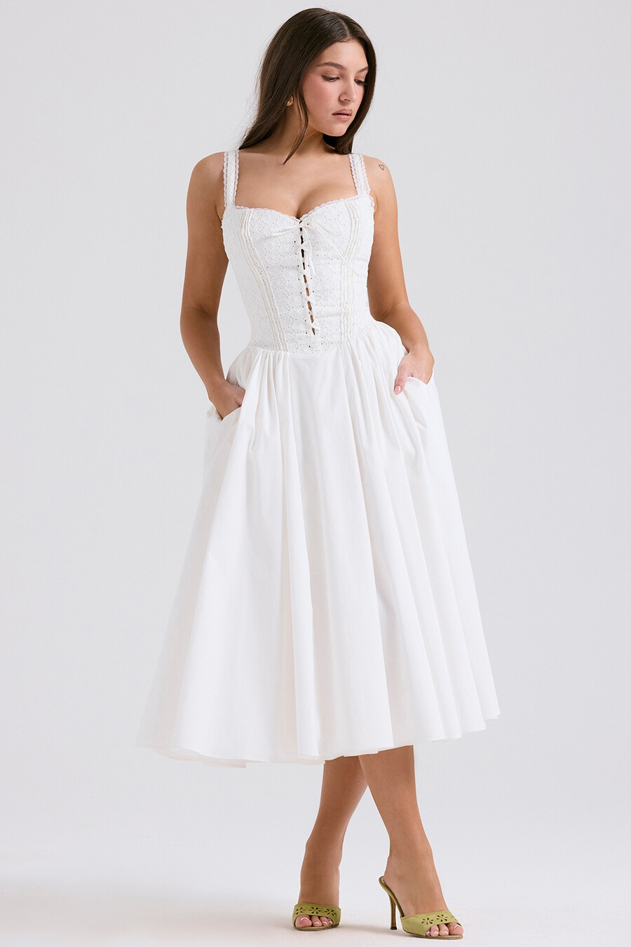abito midi in pizzo inglese bianco e cotone