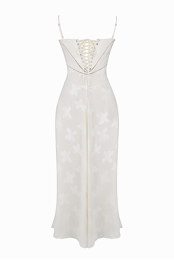 abito lungo vintage con schiena in pizzo floreale color crema