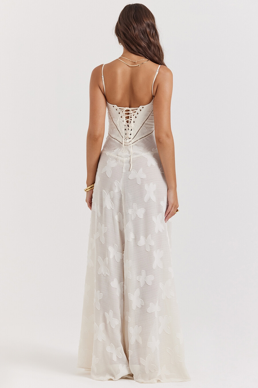 abito lungo vintage con schiena in pizzo floreale color crema