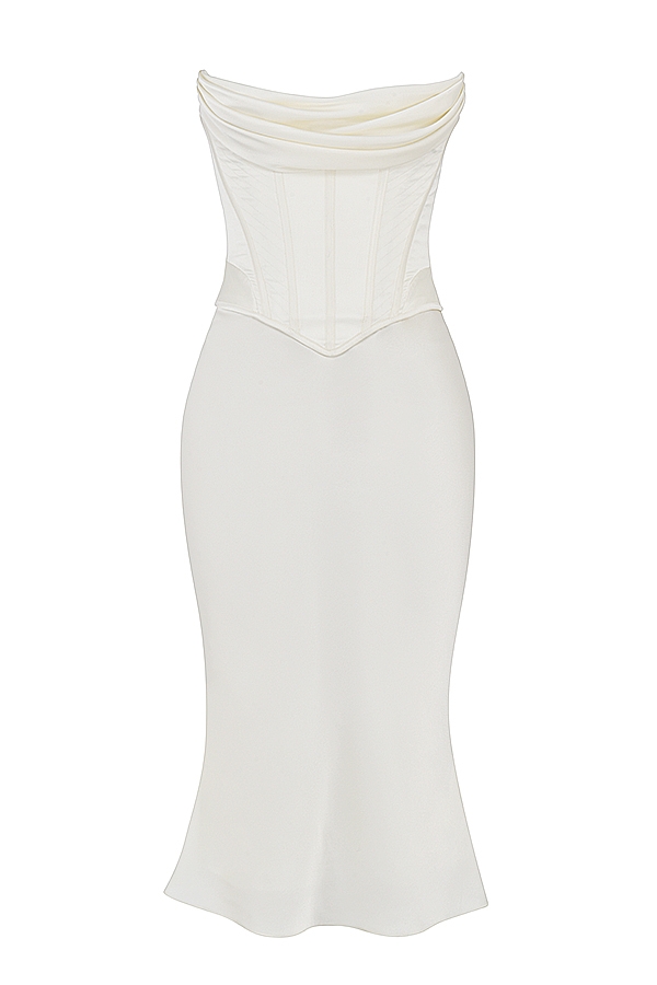 abito midi in raso avorio senza spalline con corsetto