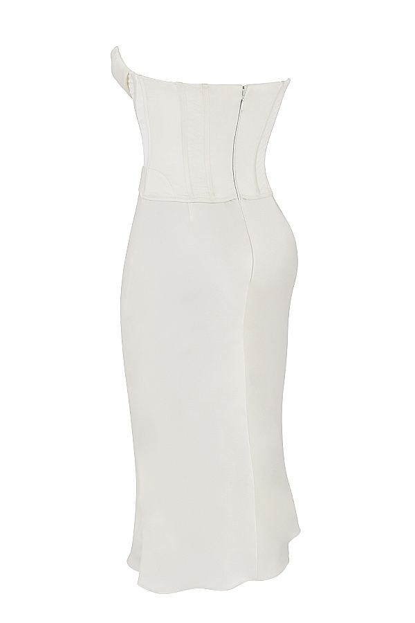 abito midi in raso avorio senza spalline con corsetto