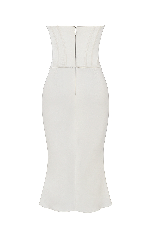 abito midi in raso avorio senza spalline con corsetto