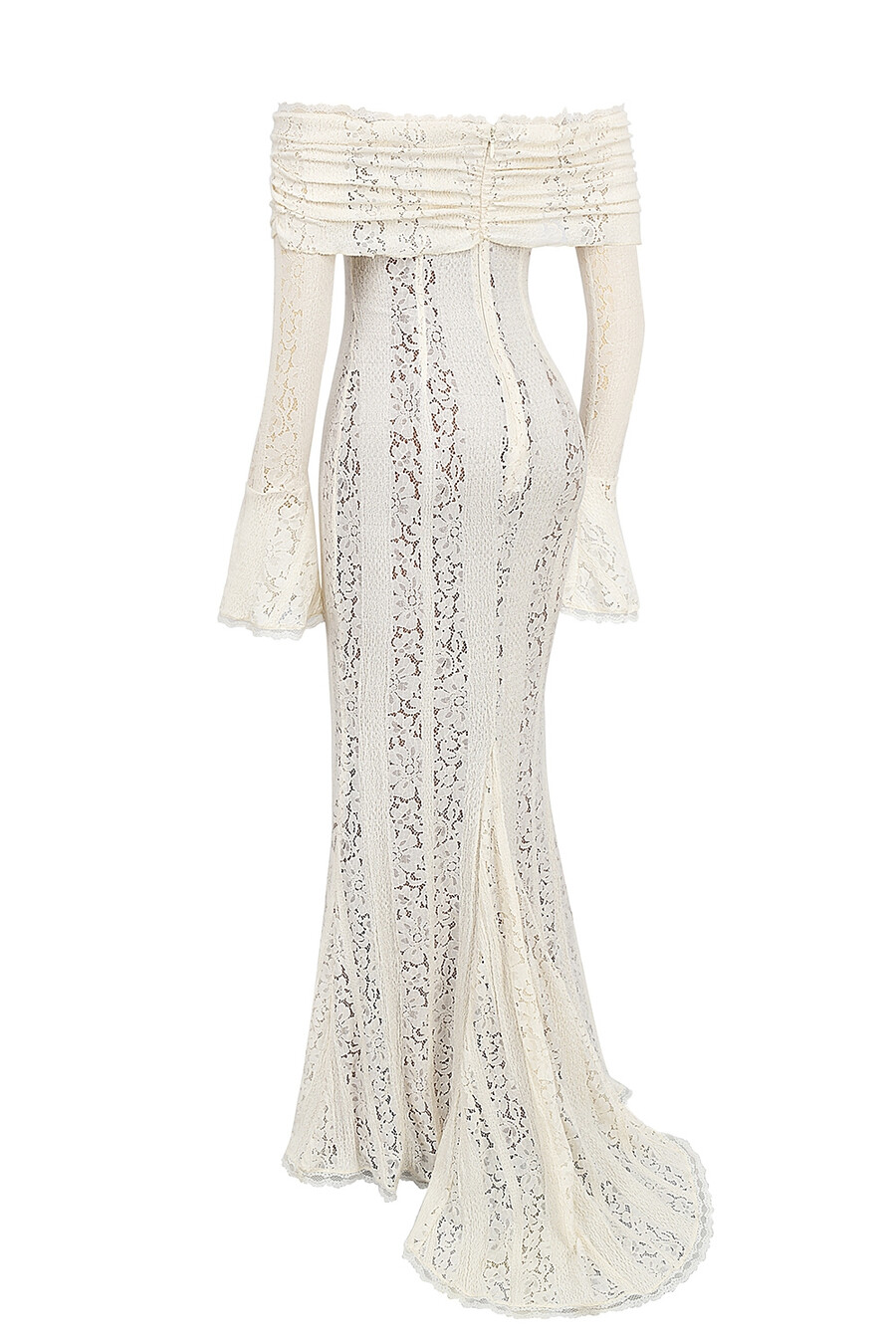 abito lungo vintage in pizzo floreale color crema con spalle scoperte