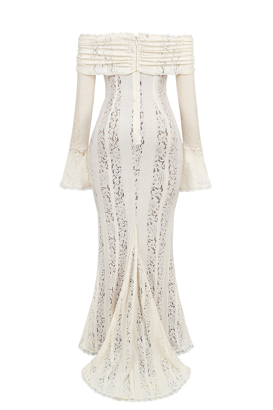 abito lungo vintage in pizzo floreale color crema con spalle scoperte