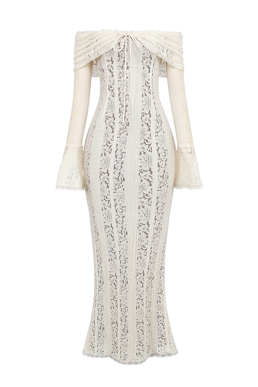 abito lungo vintage in pizzo floreale color crema con spalle scoperte