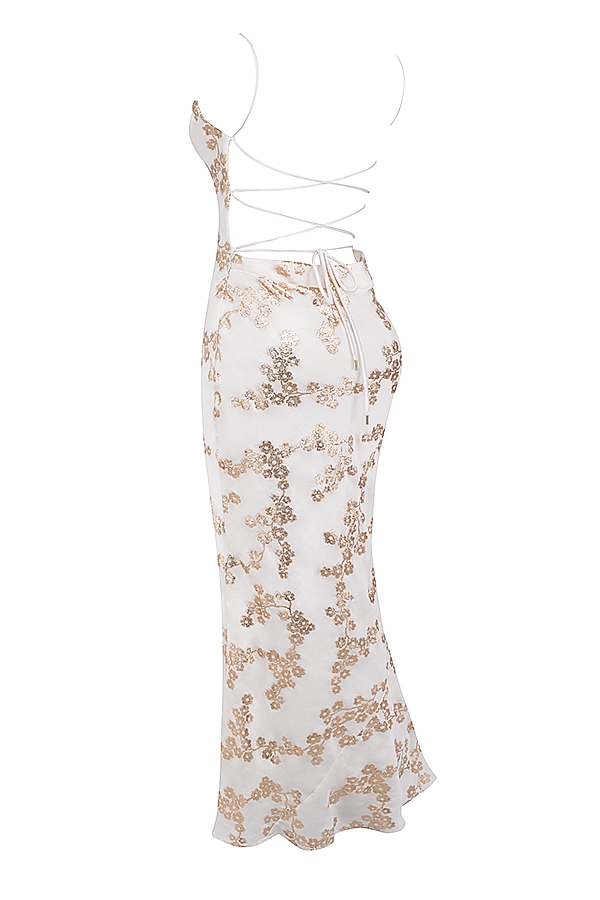 abito in raso jacquard bianco e oro