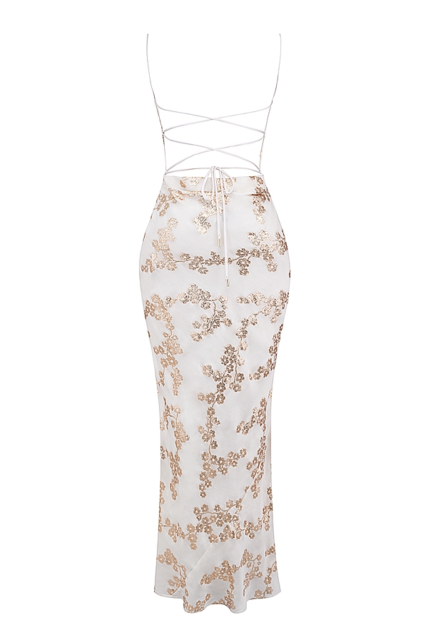 abito in raso jacquard bianco e oro
