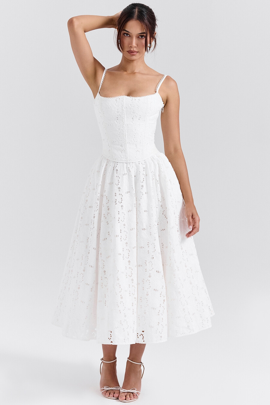 gonna midi in pizzo inglese bianco