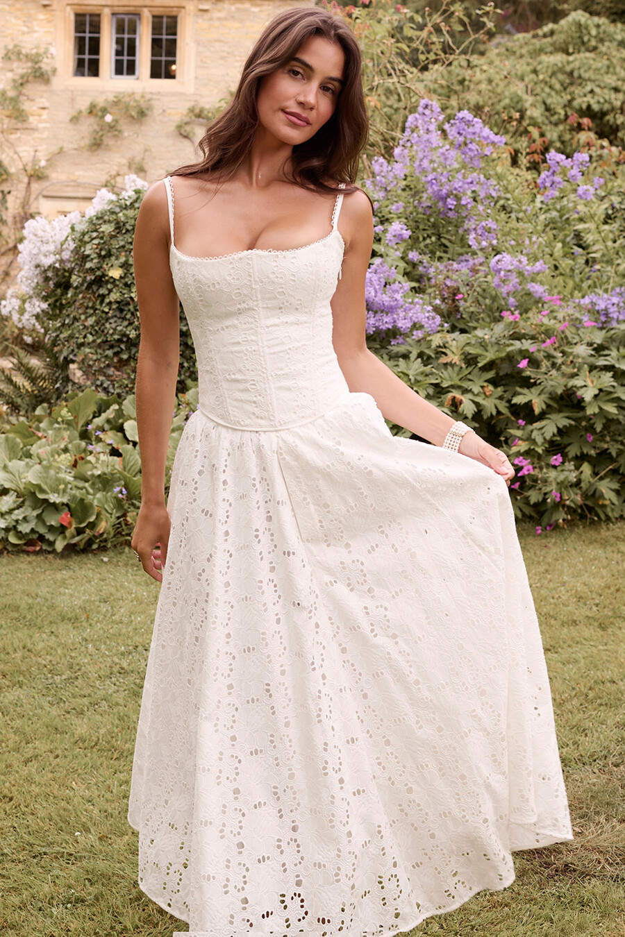 gonna midi in pizzo inglese bianco