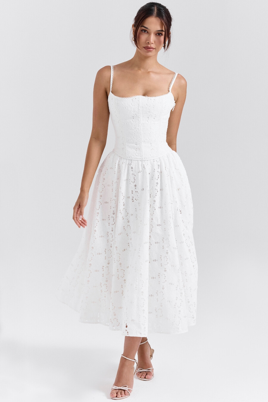 gonna midi in pizzo inglese bianco