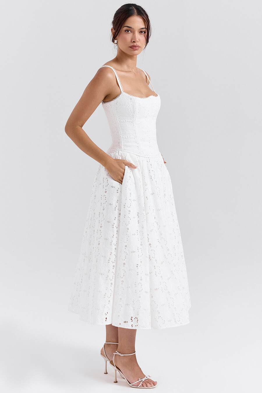 gonna midi in pizzo inglese bianco