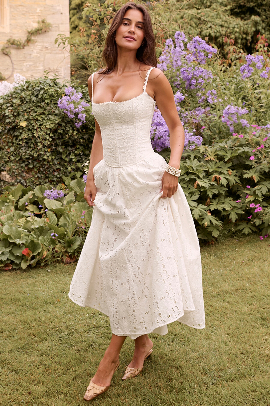 gonna midi in pizzo inglese bianco