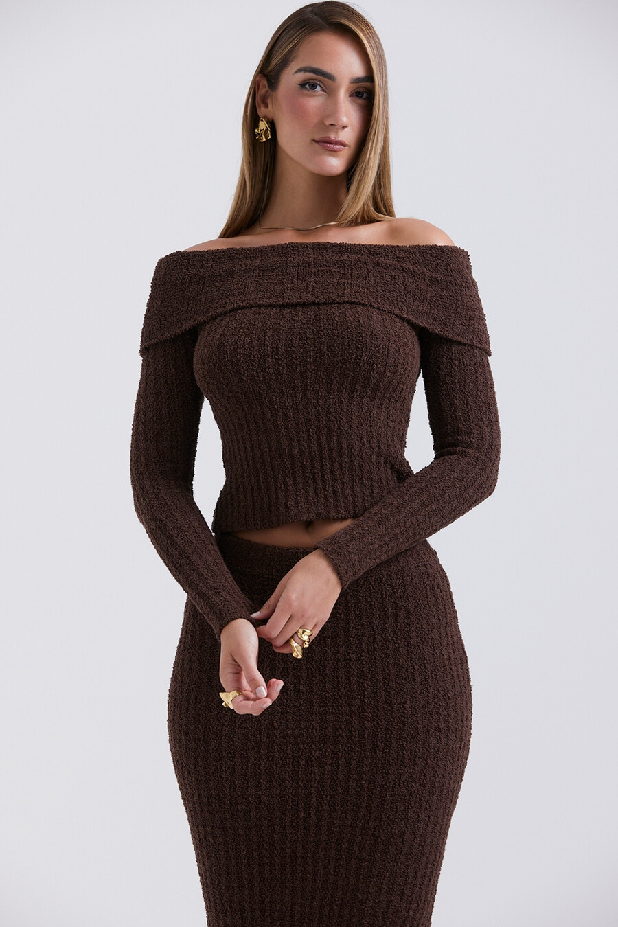 top in maglia bouclé morbida al cioccolato
