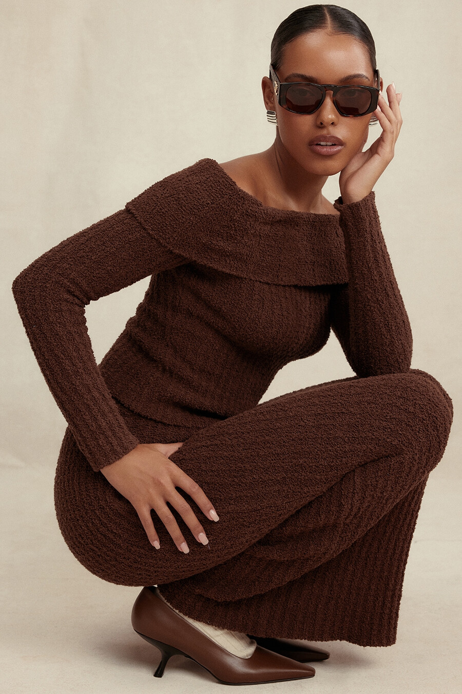 top in maglia bouclé morbida al cioccolato