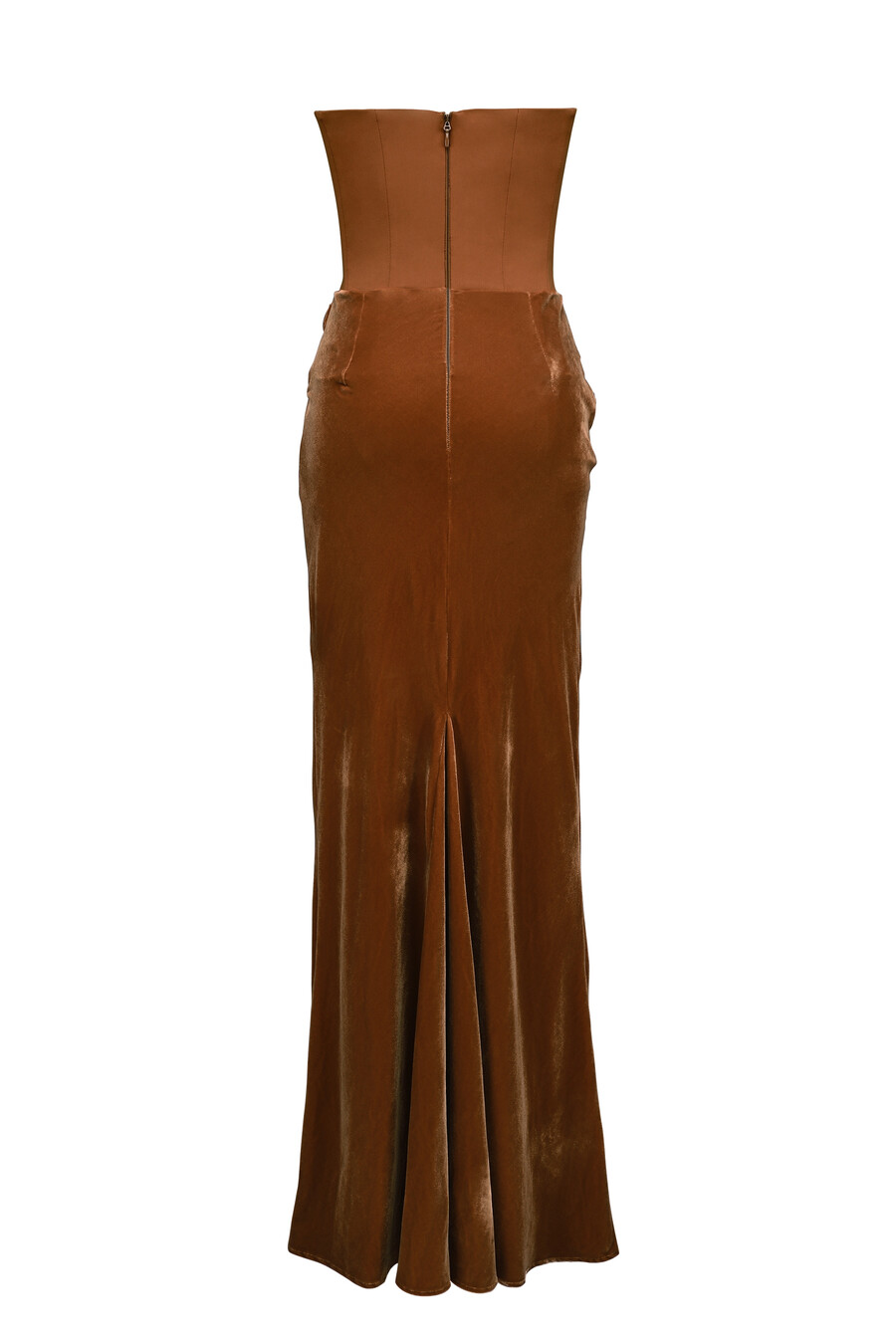 abito lungo con corsetto senza spalline in velluto color caramello