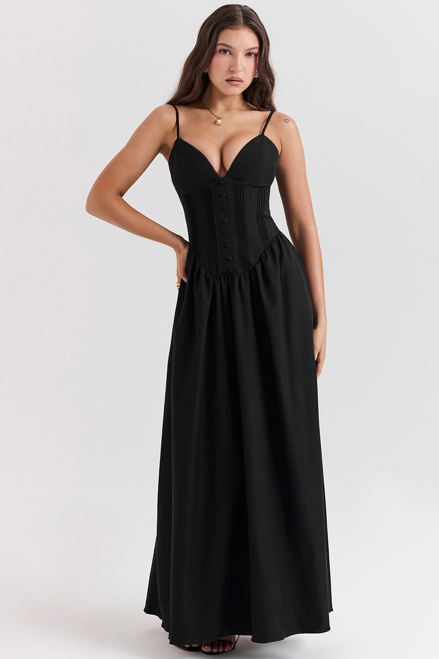abito lungo con corsetto nero