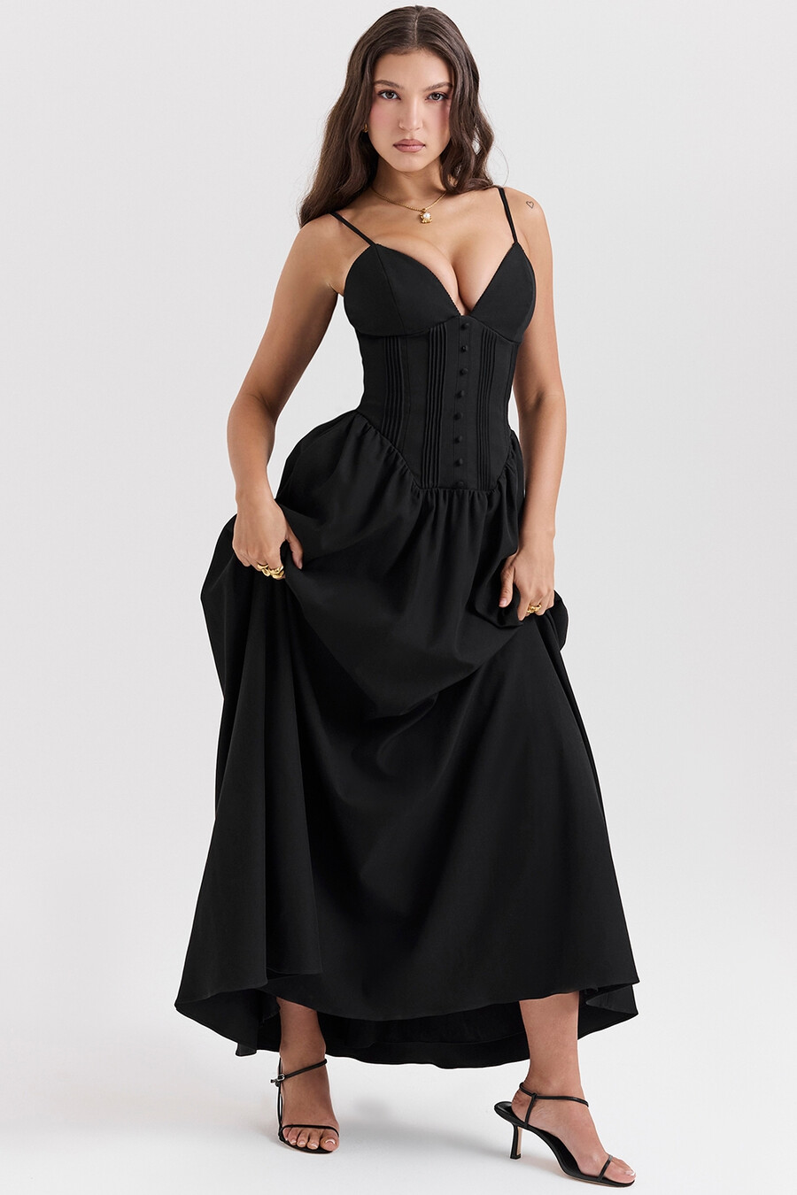 abito lungo con corsetto nero