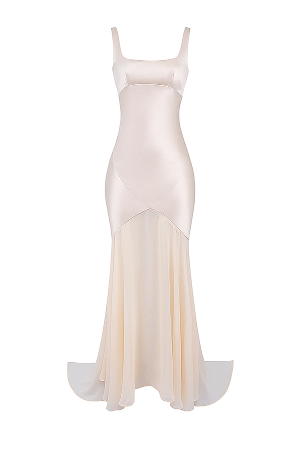 abito lungo in chiffon color champagne