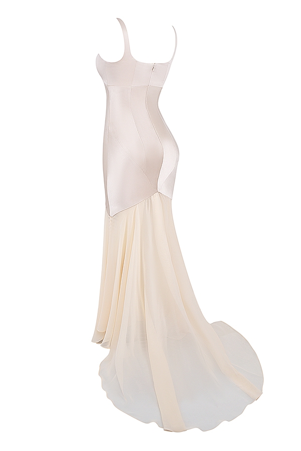 abito lungo in chiffon color champagne