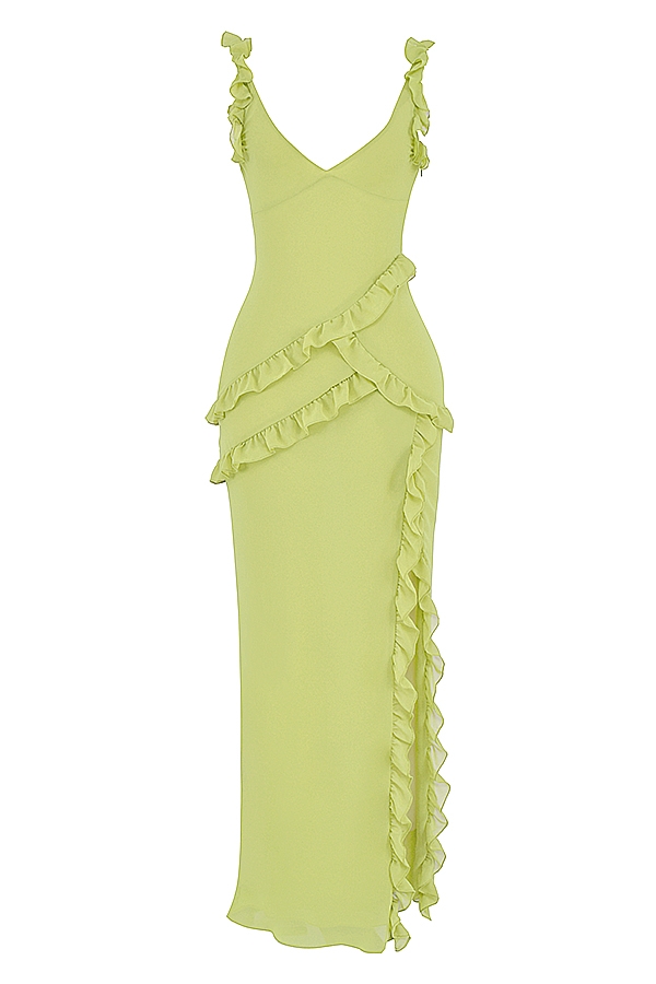 abito lungo con volant color lime