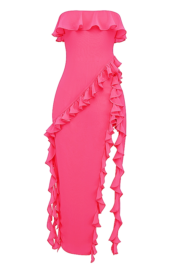 abito lungo fucsia con volant
