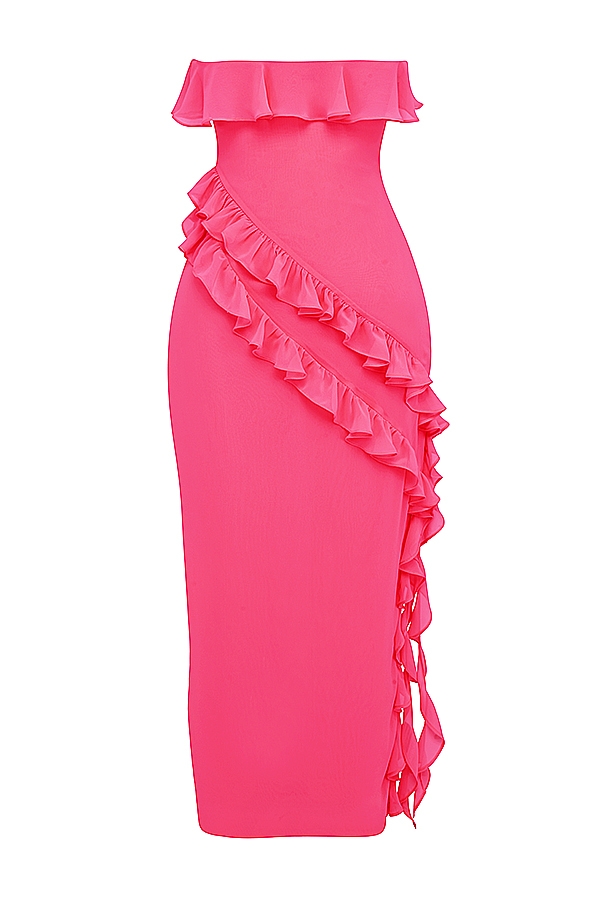 abito lungo fucsia con volant