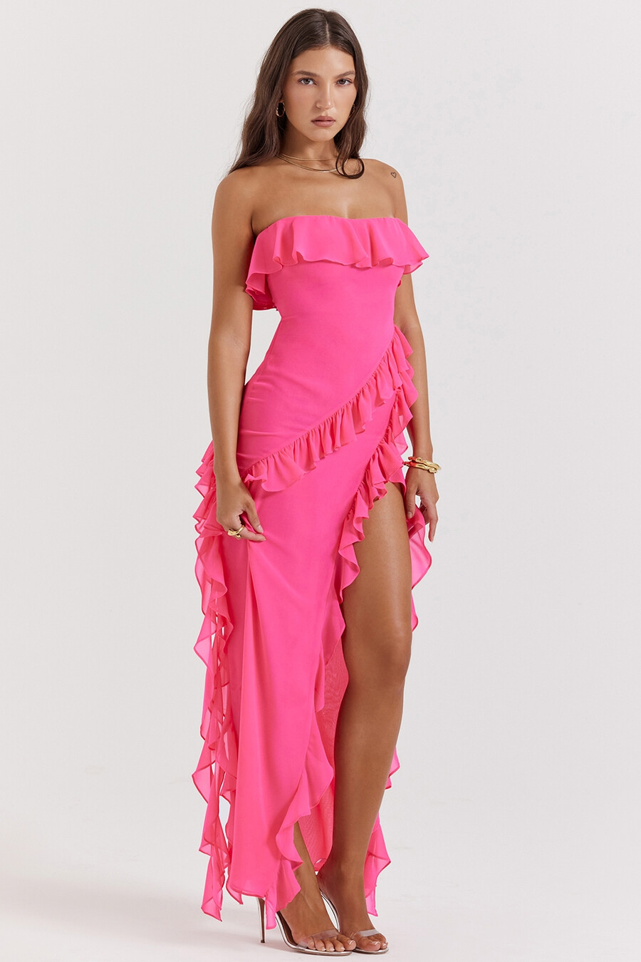 abito lungo fucsia con volant