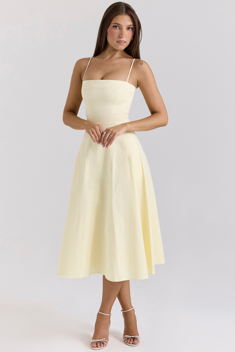 abito estivo midi a trapezio in cotone elasticizzato color limone