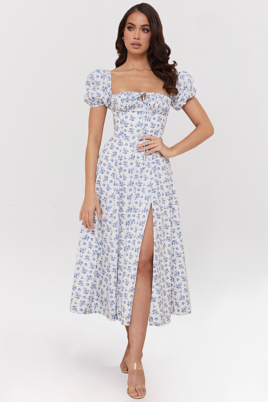 abito midi floreale blu bianco