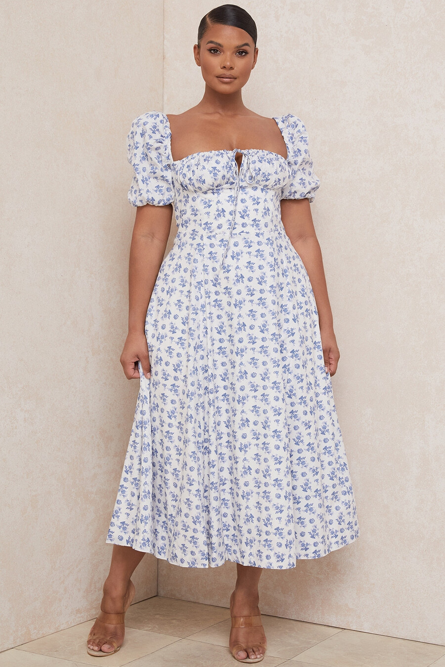 abito midi floreale blu bianco