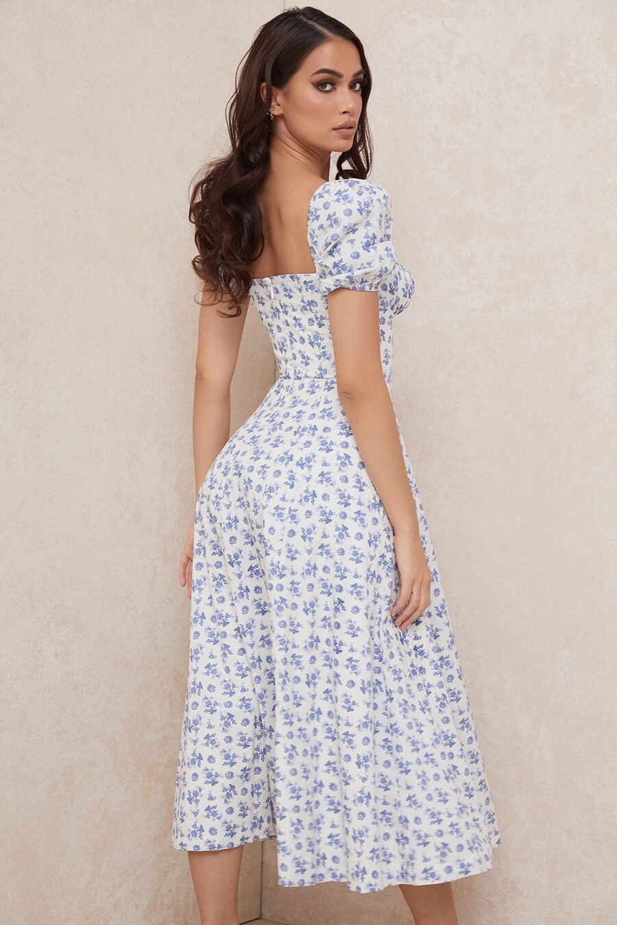 abito midi floreale blu bianco