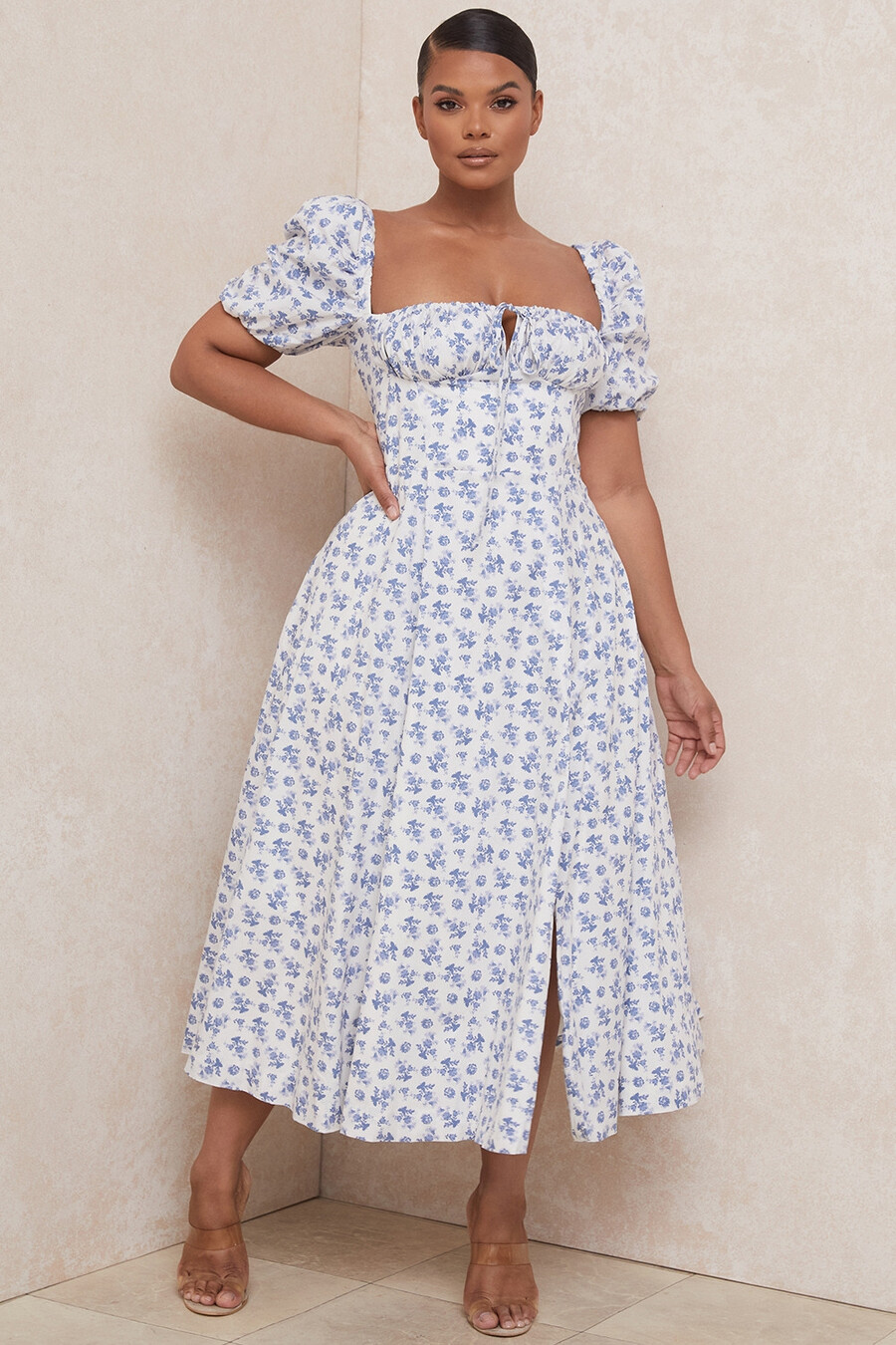 abito midi floreale blu bianco