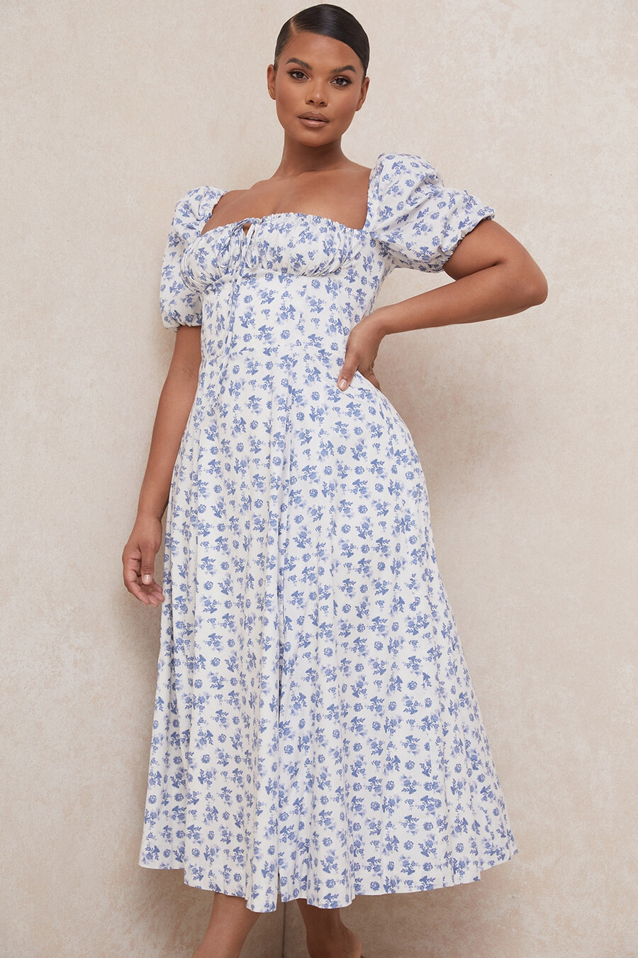abito midi floreale blu bianco