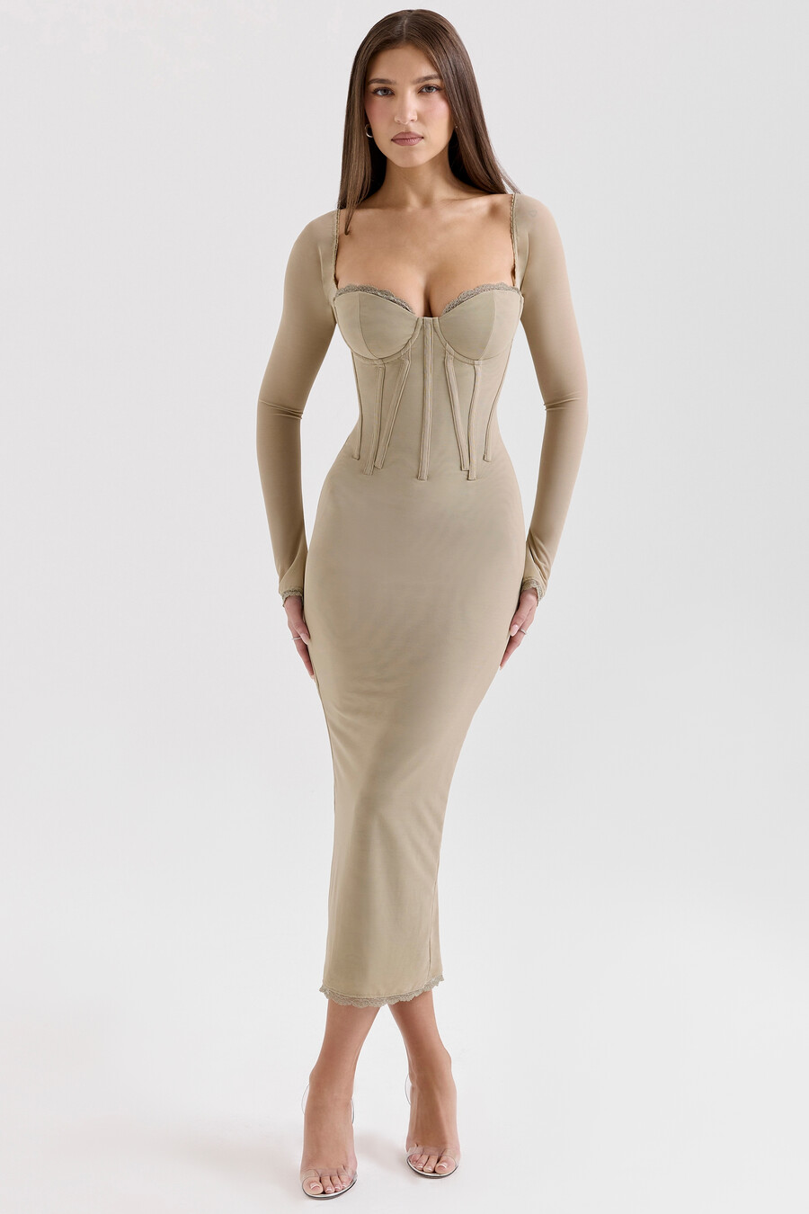 abito midi aderente a maniche lunghe in rete beige