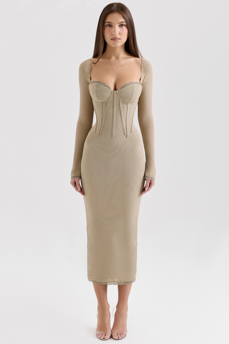 abito midi aderente a maniche lunghe in rete beige