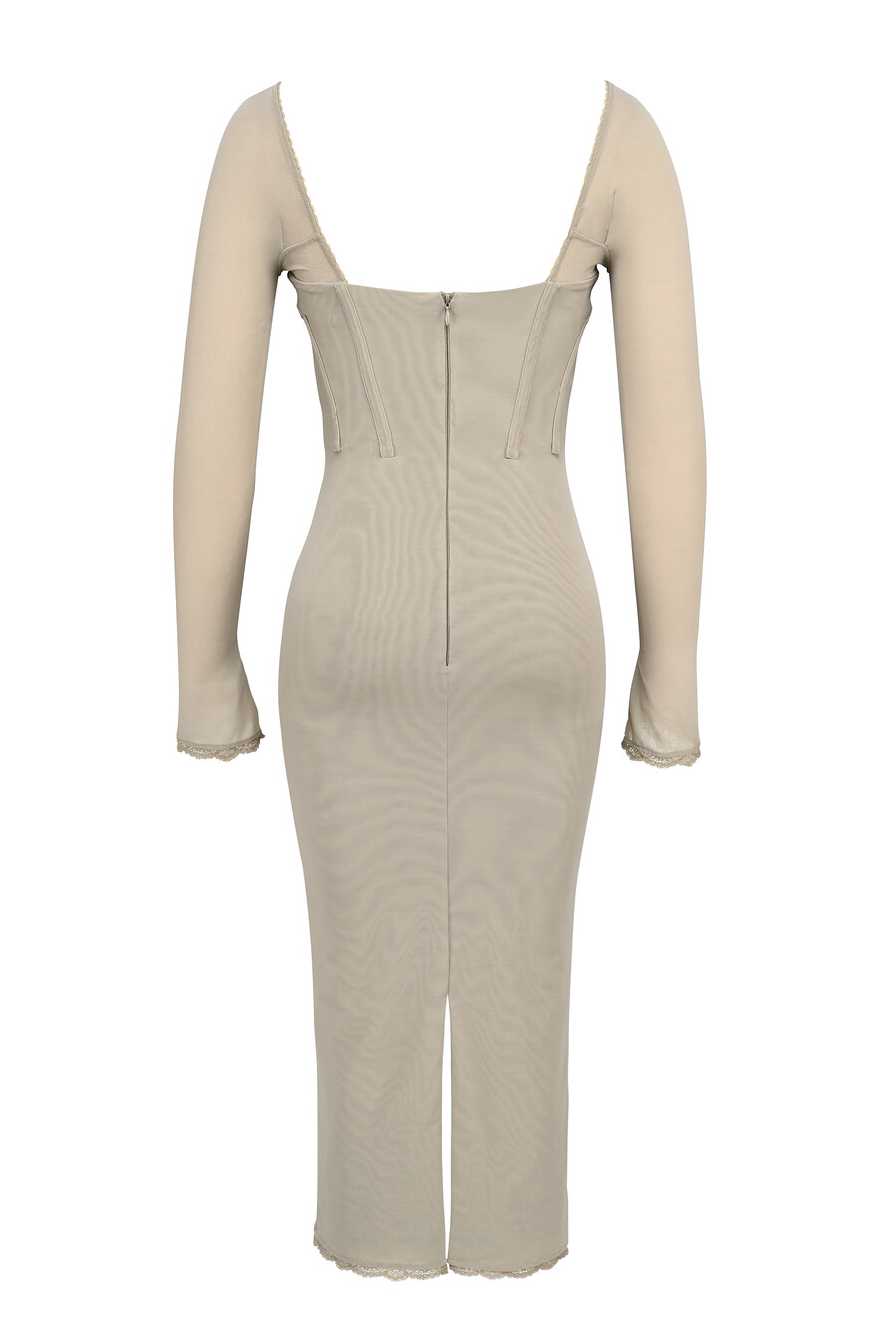 abito midi aderente a maniche lunghe in rete beige