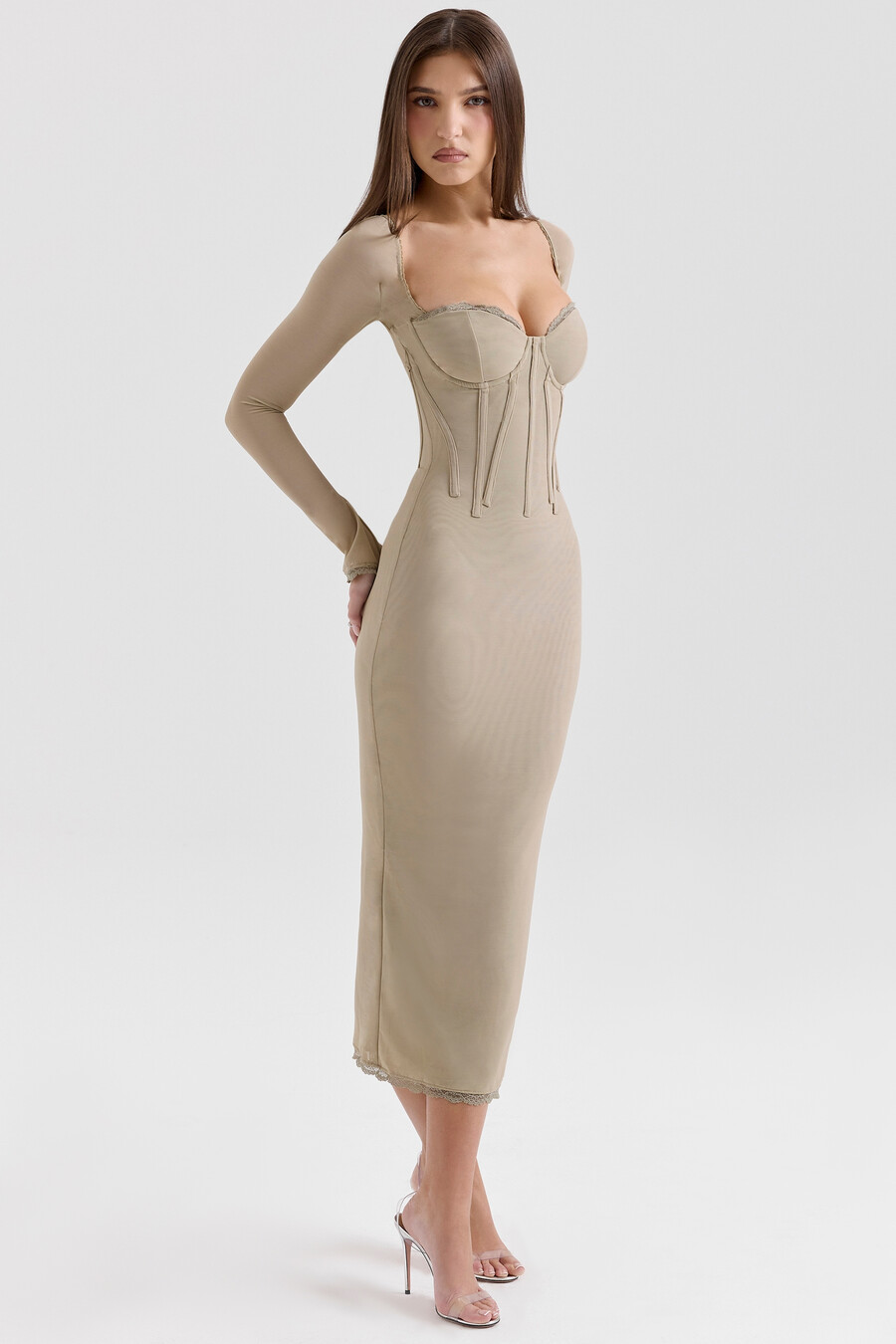 abito midi aderente a maniche lunghe in rete beige