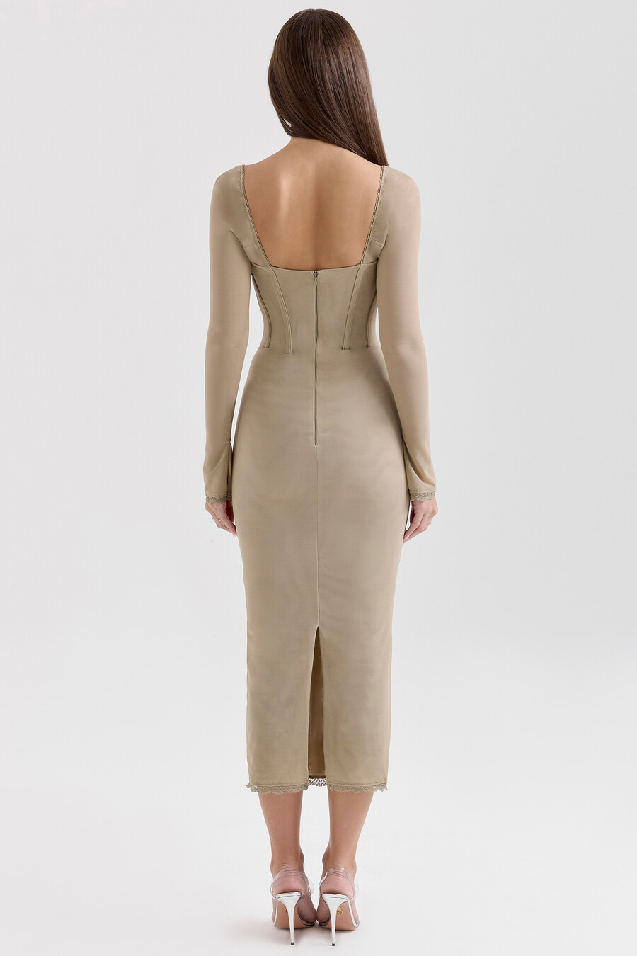 abito midi aderente a maniche lunghe in rete beige
